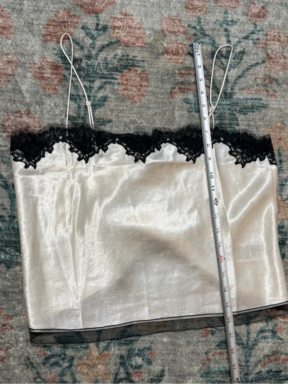 J. Crew Cream Textured Satin Cami with Black Lace Trim